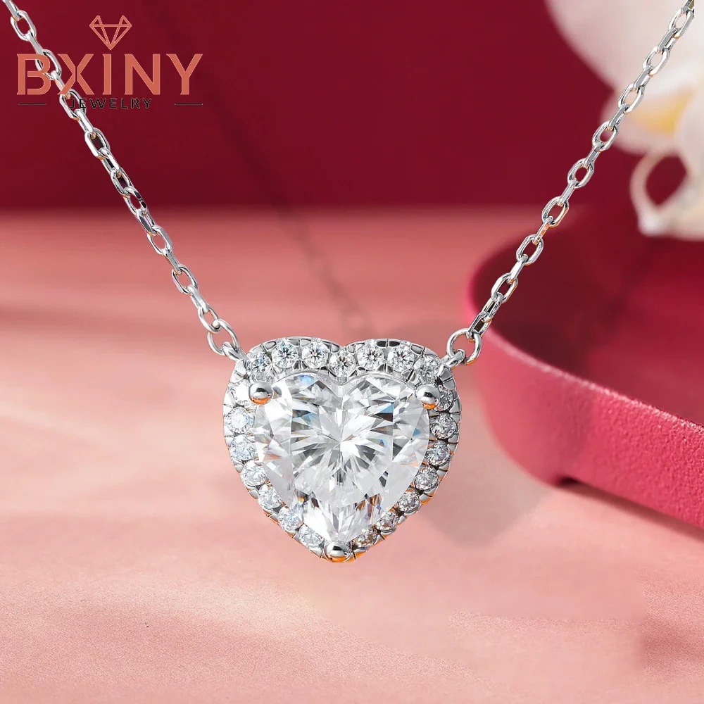 BXINY 1/2/3/4Carat Heart Cut Full Moissanite Necklaces S925 Silver Halo Diamond Pendant for Women Wedding Jewelry Gifts with GRA