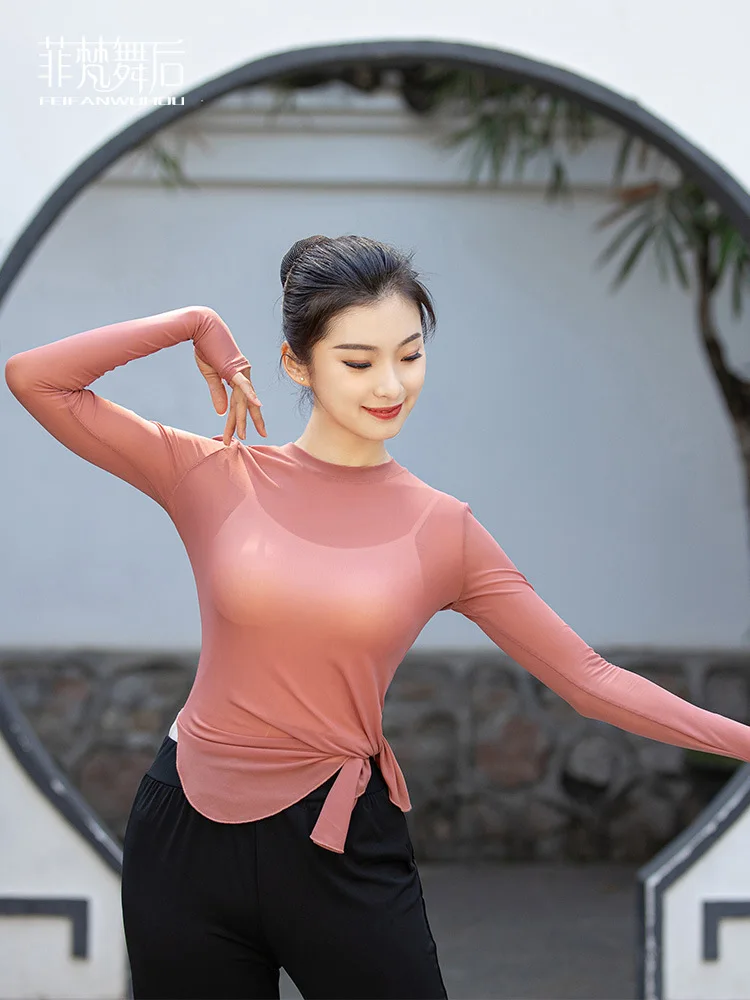 Einfarbiges, langärmliges, tailliertes Mesh-Oberteil für Damen – Elegante klassische Tanz-Performance-Kostümbluse
