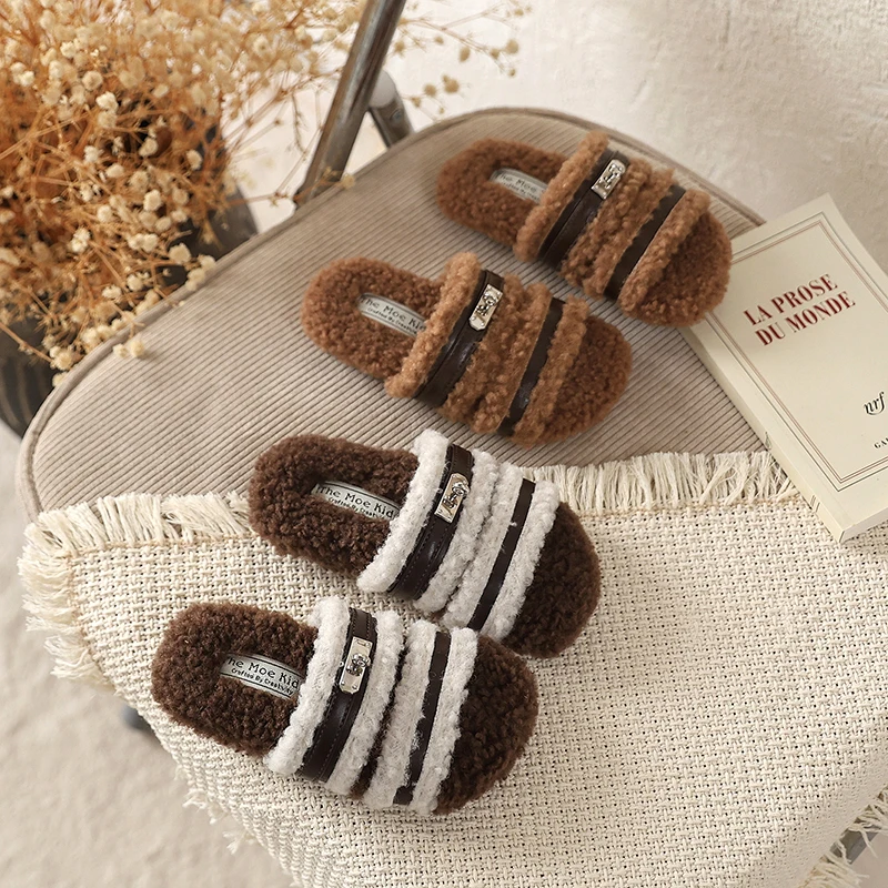 Kids Winter Fluffy Plush Slide Slippers Boys Girls Fleece House Slippers Open Toe Children Indoor Home Cotton Shoes Size 23-35