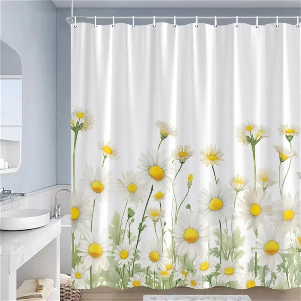 White Daisy Floral Shower Curtain Green Plant Flowers Modern Minimalist Bath Curtains Polyester Fabric Bathroom Decor With Hooks