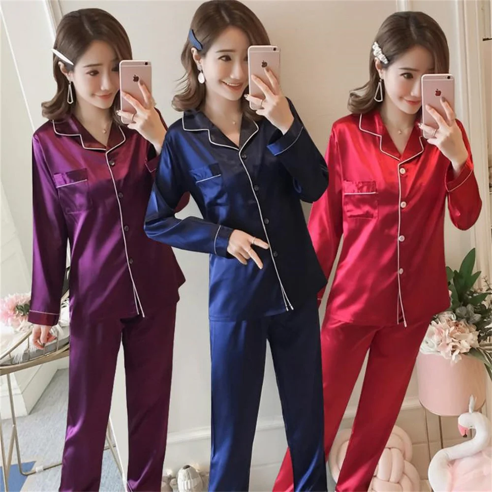 Conjunto sexy pijama de seda gelo feminino, pijama de cetim, pijama manga comprida, roupa de casa macia, pijama de inverno feminino