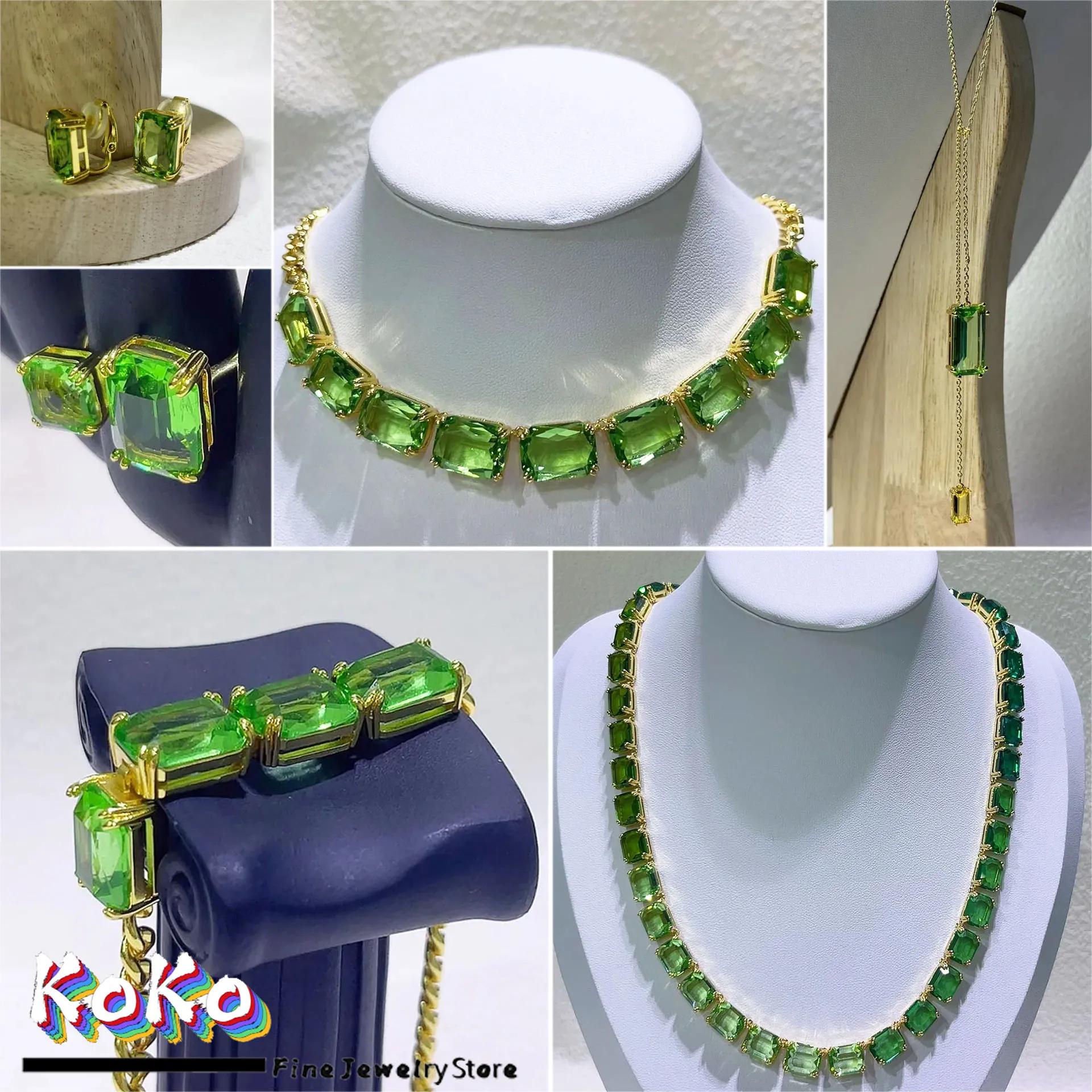 

Original 2025 High Quality Charms Green Crystal Earring for Women Luxury Fine Jewelry Set Crystal Geometric Necklace Bracelet