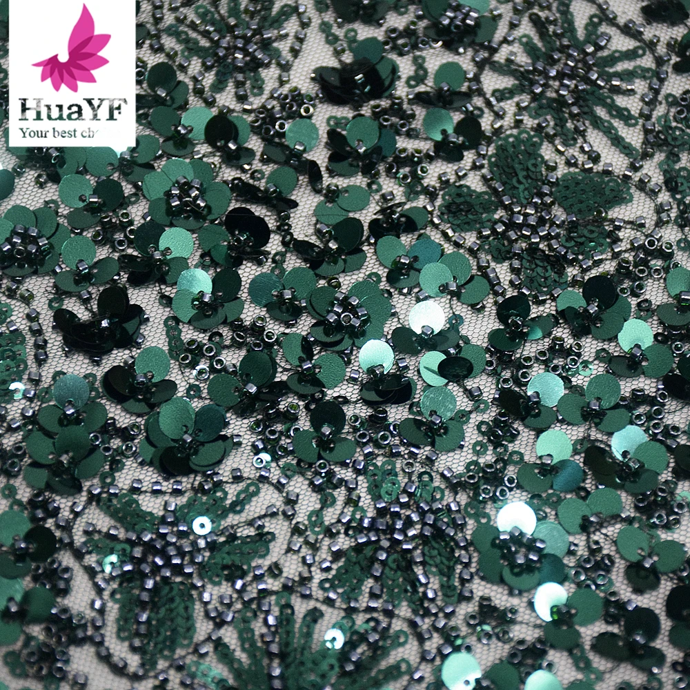 1 Yard Luxury Elegant  Emerald Green Lace With Bead And Sequins For Wedding Dress Fabric HY1795-5