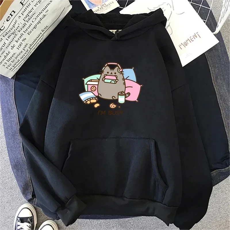 Cartoon Cat Hoodie Sorry, I'm Busy Printed Men's and Women's Casual Fashion Hooded Sweatshirt Autumn and Winter Warm Top