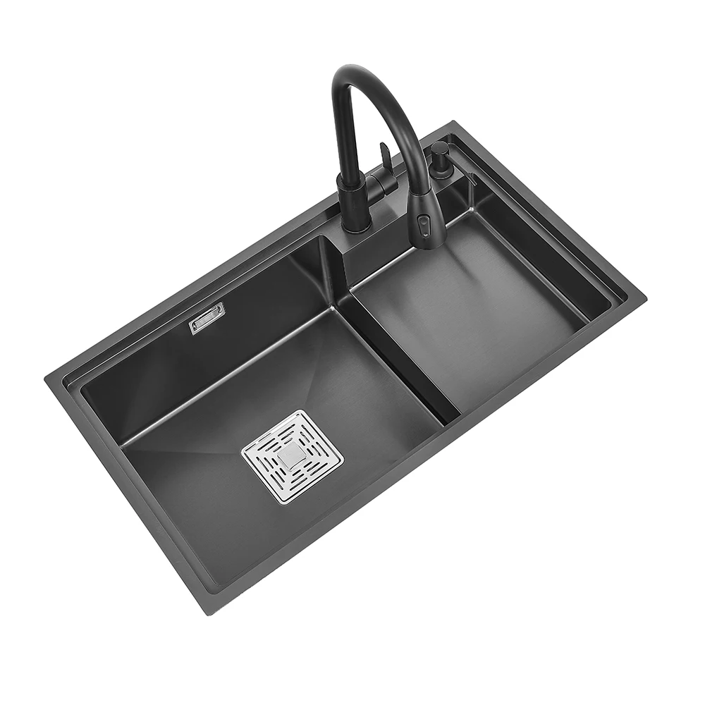 Handmade waterfall double bowl stainless steel kitchen sink brushed surface bottom installation