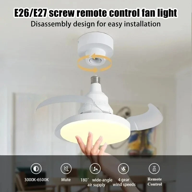 JOYINLED E27 Socket Ceiling Fan Light Remote Control Retractable Blades Fans with LED Light Dimmable Timing Bedroom Living Room