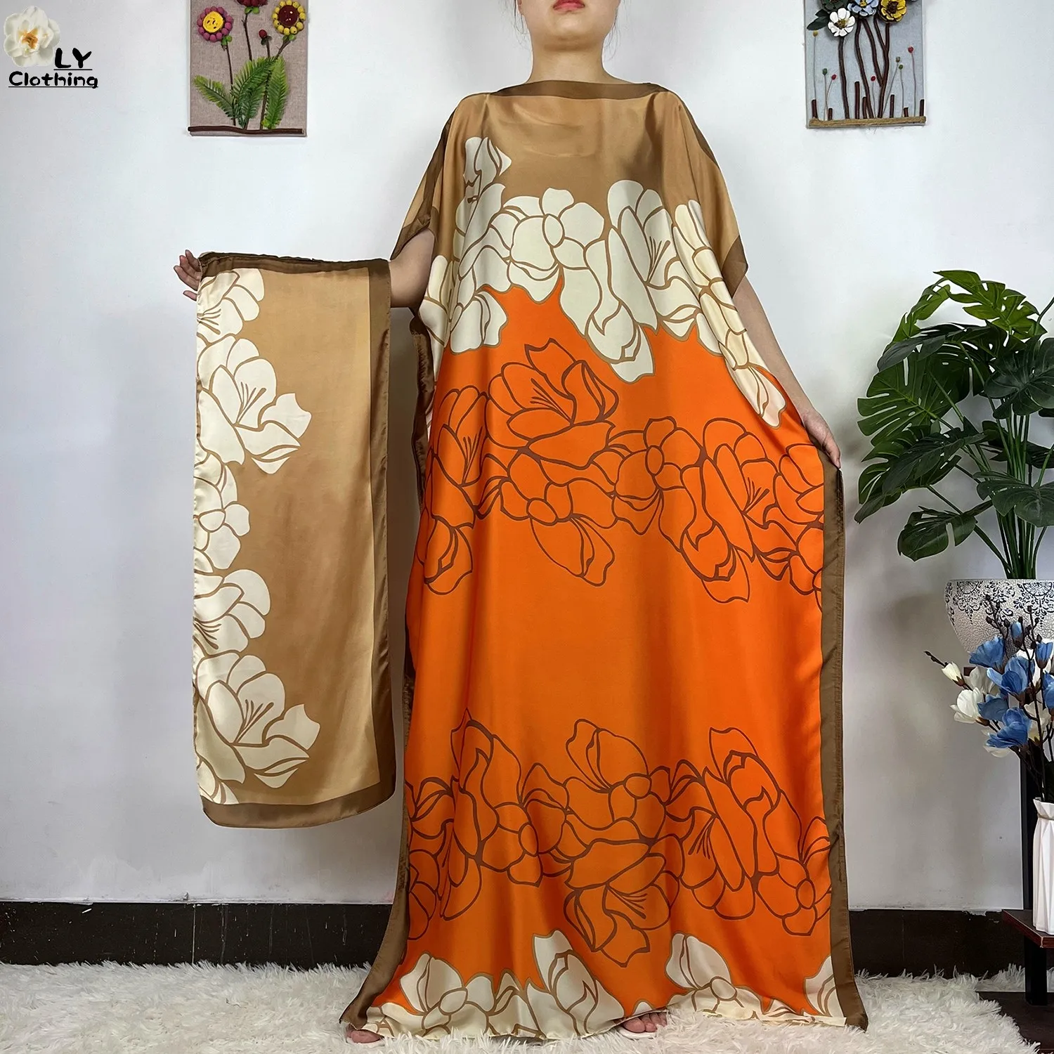 2023 New African Fashion Short Sleeve Colored Pattern Dubai Women Summer Real Silk Soft Printing Loose Tradition Muslim Dress