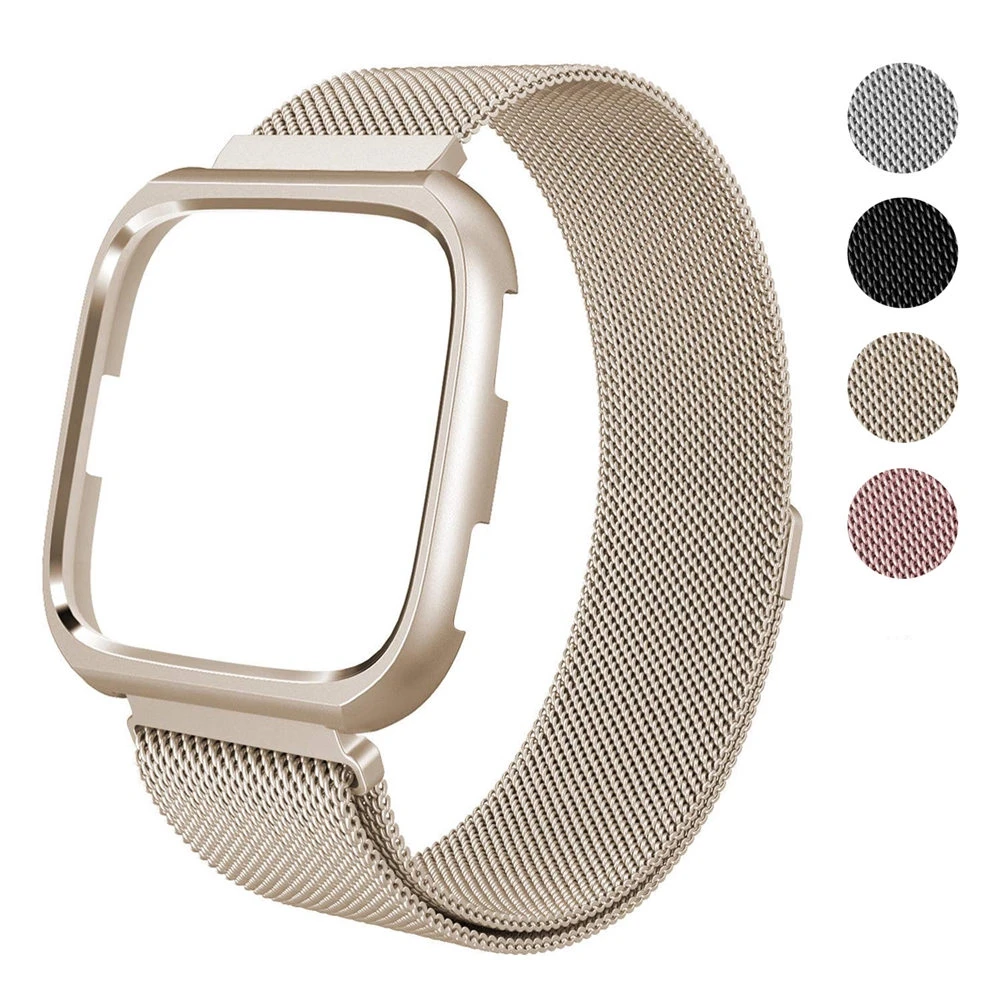 Magnetic Stainless Steel Metal Strap + Metal Protective Case Bumper for Fitbit Versa Smart watch