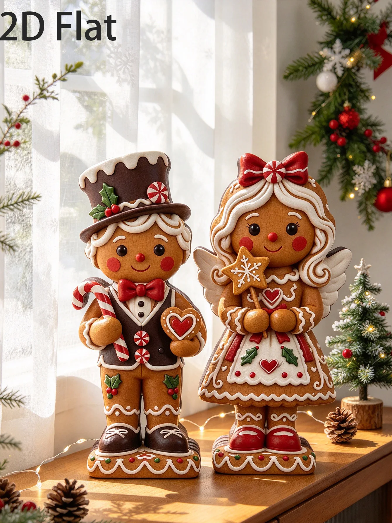 2-Piece Wooden Christmas Gingerbread Man Couple Ornaments, Chef Gingerbread Man Decoration Set, Bow-Tied Prince and Princess Decoration Ornament Set, Christmas Party Decoration Supplies Suitable for Living Room, Bedroom, Fireplace, and Tabletop Decoration