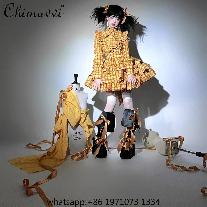 2025 Spring and Autumn New Gothic Plaid Suit Fashion Long Sleeve Cute Bow Shirt High Waist Skirt Sets Lolita Two-piece Set