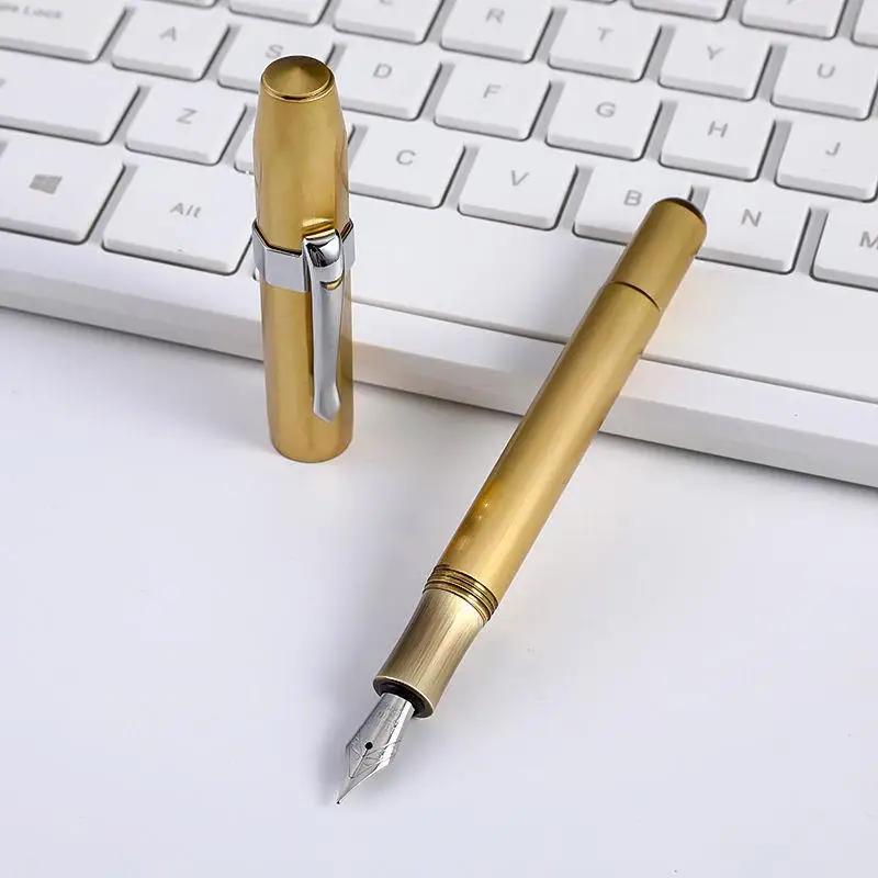 Luxury Alpha Brass Short Fountain Pen Travel Iridium F 0.5MM Nib Vintage Ink Pen Office Student Stationery Supplies PK Majohn