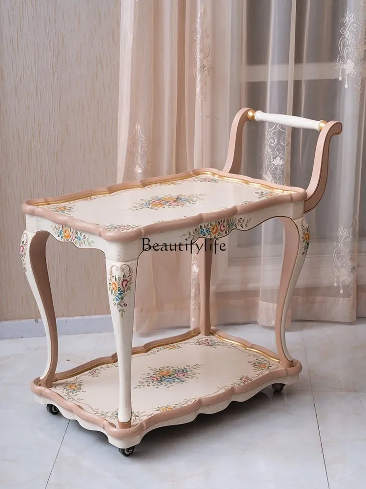 X59Luxury villa mobile dining cart French solid wood hand-painted flower double-layer trolley
