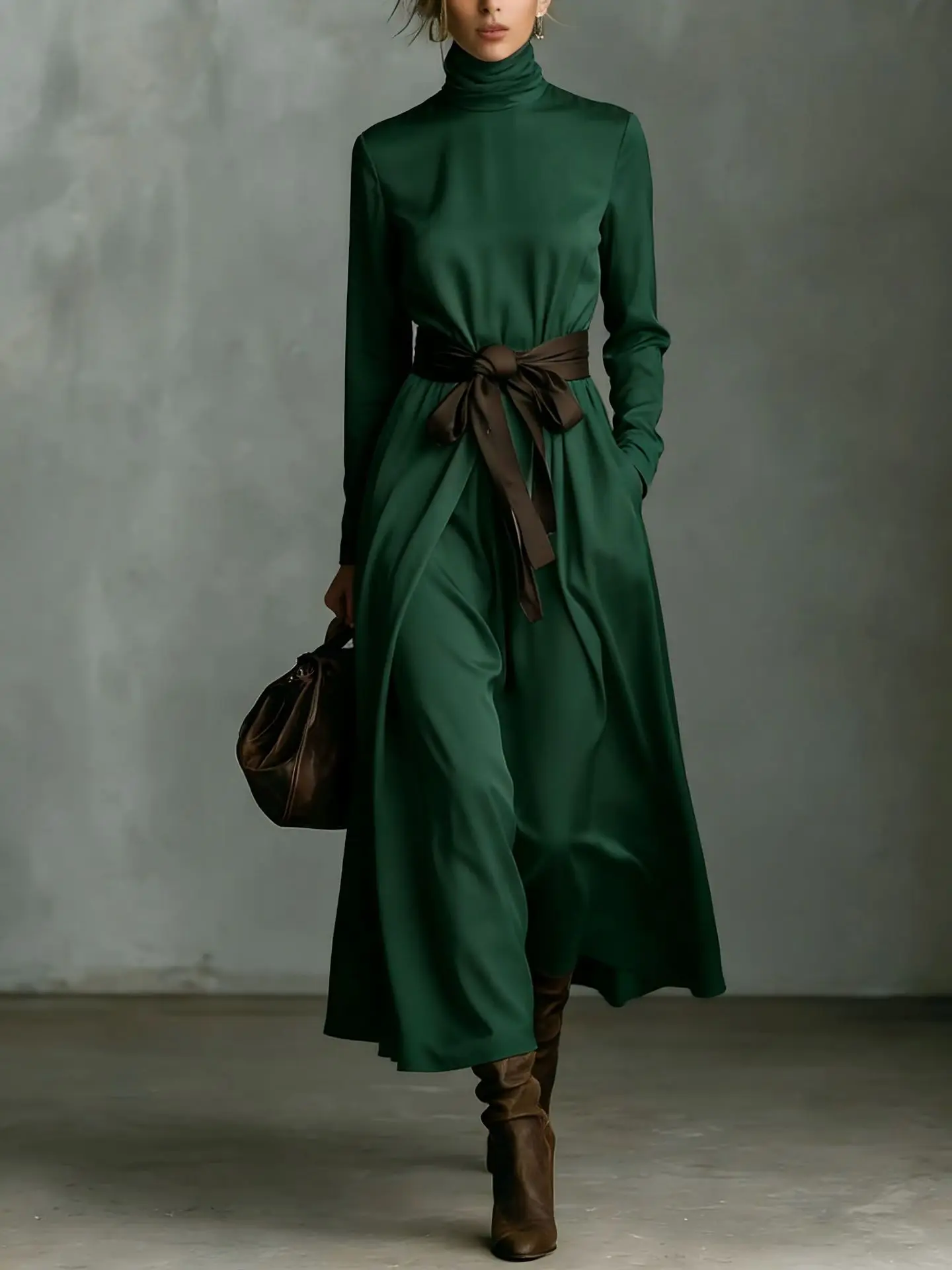 Spring Solid Comfy Satin Dress Woman Elegant Turtleneck Color Blocking Belt Long Dress Chic Long Sleeve High Waist Maxi Dress