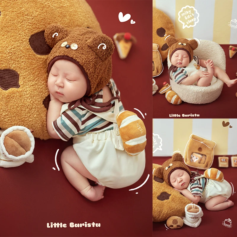 

Cute Cookie Theme Newborn Photography Outfit Striped Jumpsuit + Bear Hat, Dessert Hanging Doll 7-Piece Set Baby Photo Costumes