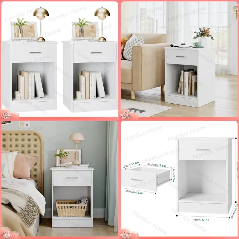 Modern 2-Tier Wooden Bedside Table with Drawers Storage Rack for Bedroom Furniture White Nightstand Small Space Friendly