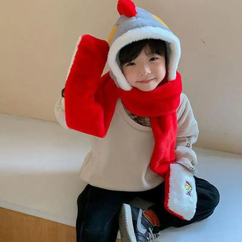 Kids Winter Beanie Hat Scarf Set Cute Cartoon Keep Warm Woolen Scarf Neck Warmer Ear Protection Thicken Hat For Boys And Girls