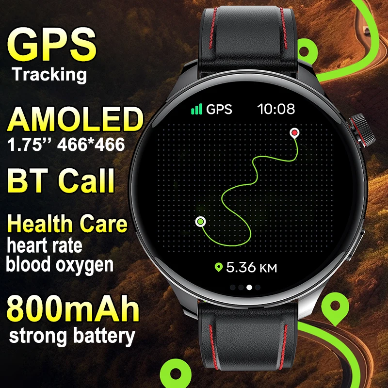 

Mens Outdoor GPS Track Smart Watch 800mAh Large Battery 466*466 HD AMOLED Indoor Sports Watches BT Call Heart Rate Smartwatch