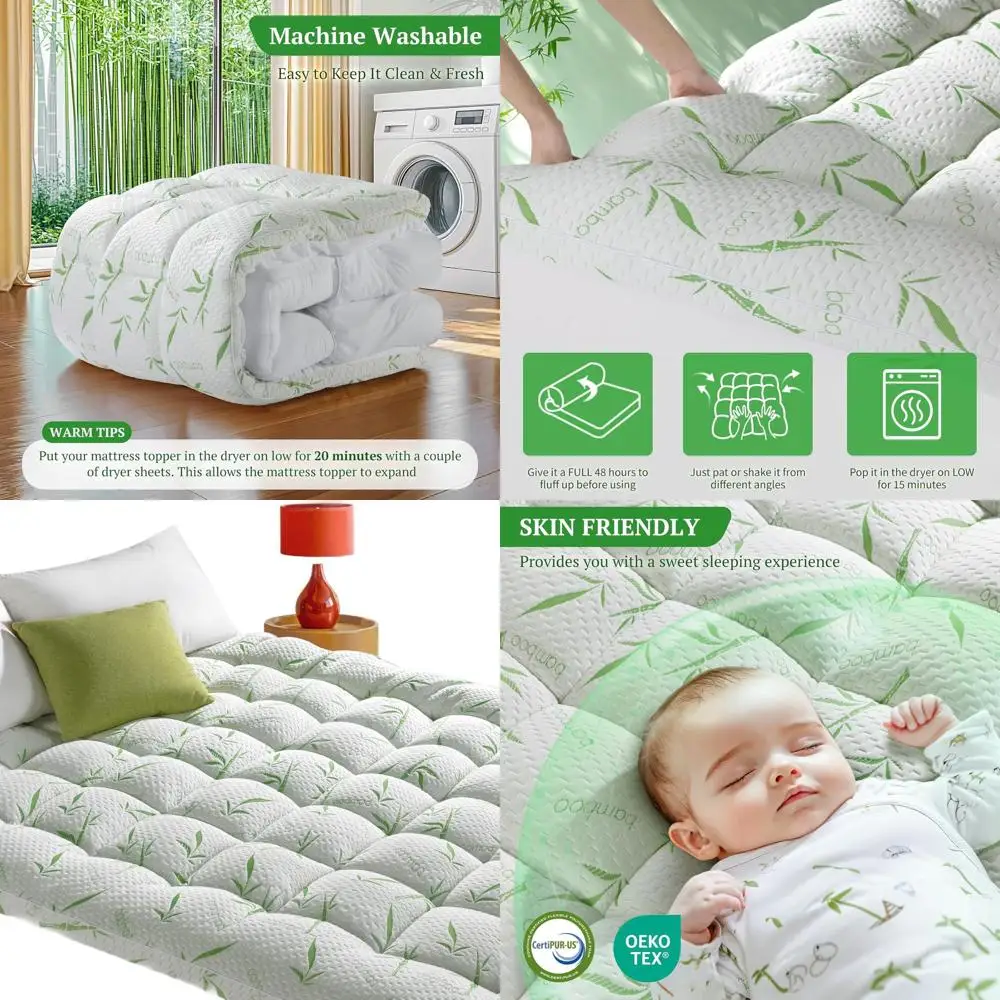 

Full Size Bamboo Viscose Pillow Top Mattress Topper, 1200 GSM Cooling Pad, Extra Thick 2 for Back Pain, Fits Mattresses 8-18 Dee