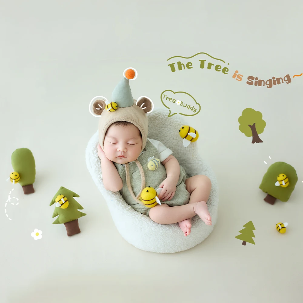 

Newborn Photography Props Adorable Woodland Theme Baby Costume+Hat Bee&Tree Decor Props Studio 0-1 Month Baby Photo Accessories