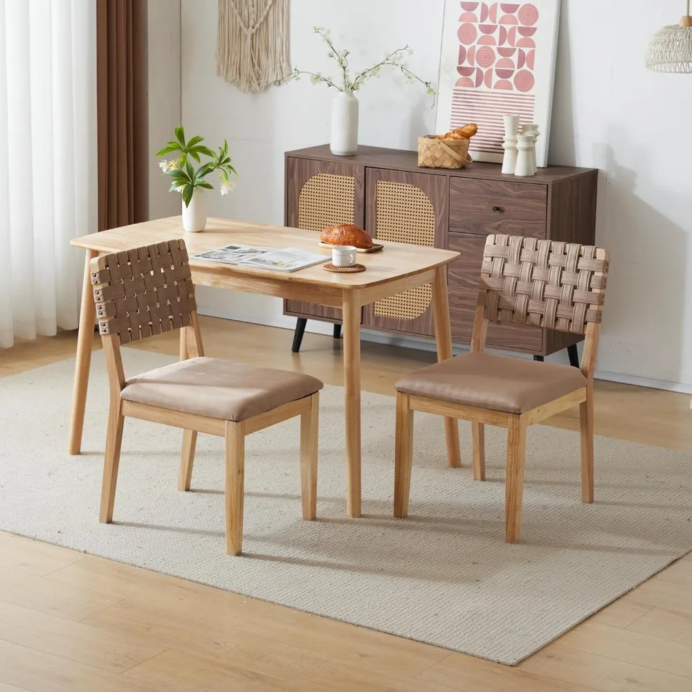 

Khaki Woven Wooden Dining Chairs Set of 2,Armless Mid Century Modern Desk Chairs with Rivet&Foot Pegs,Upholstered Farmhouse Com