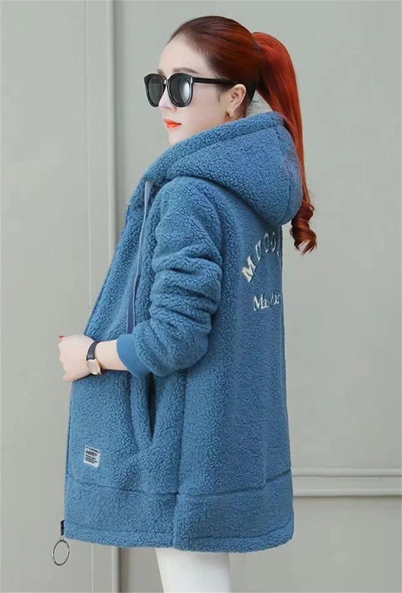 Add Fleece Thick Coat Loose Large Size Women\'s New Fashion Winter Hooded Student Cardigan Imitation Lamb Wool Coat