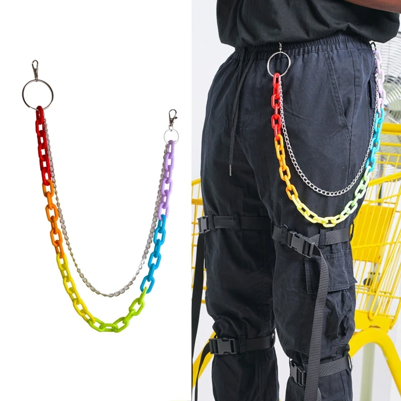 Cadenas de acrílico de arco iris para hombre, llavero negro de Jean, Rock, Punk, pantalones, cinturón, cadena de Jean para hombre, cadena de