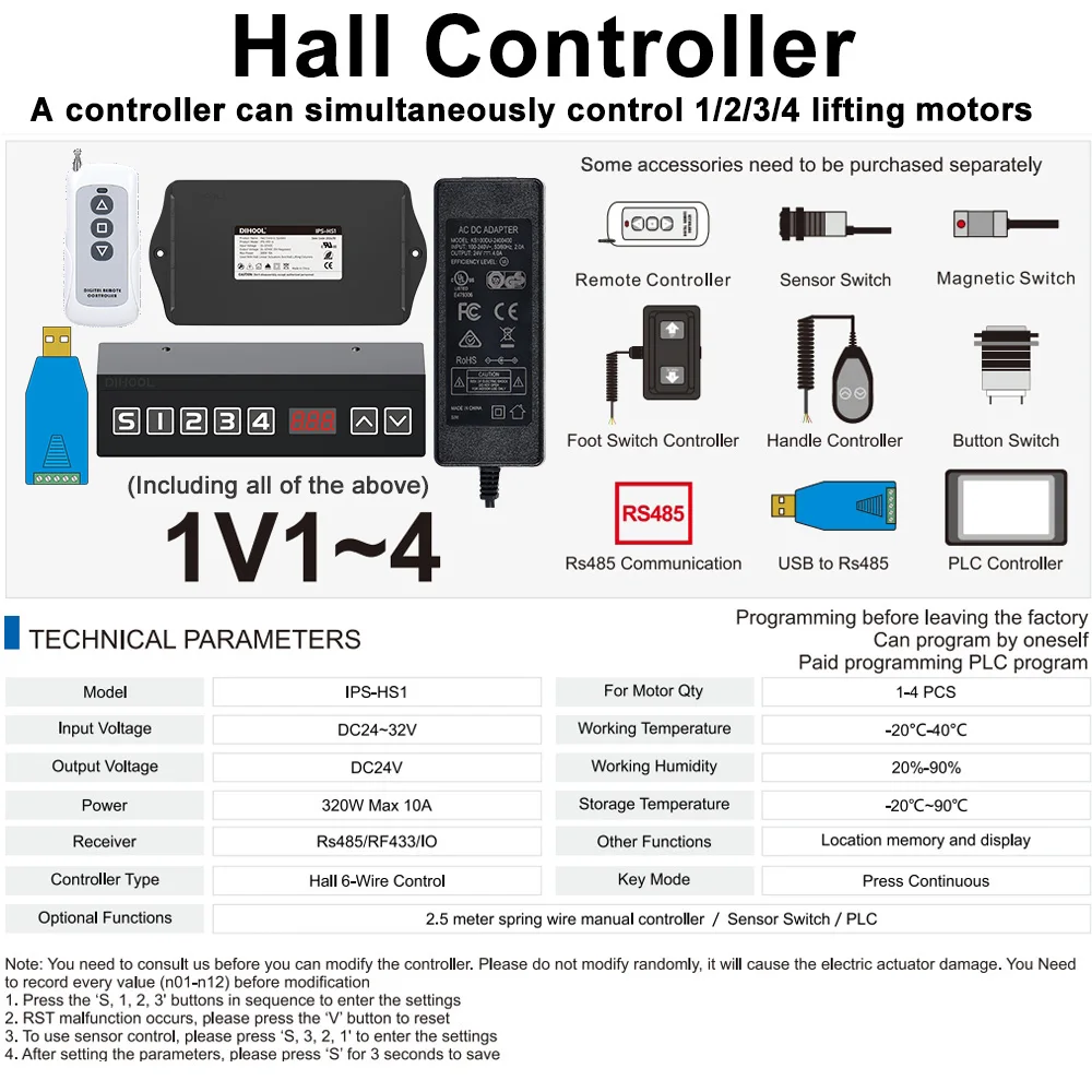 8000N 4Pieces Linear Actuators with Synchronous Control Hall controller Set(1V4) 24V 50MM~1000MM Stroke 80kg~800kg Load 25MM/S