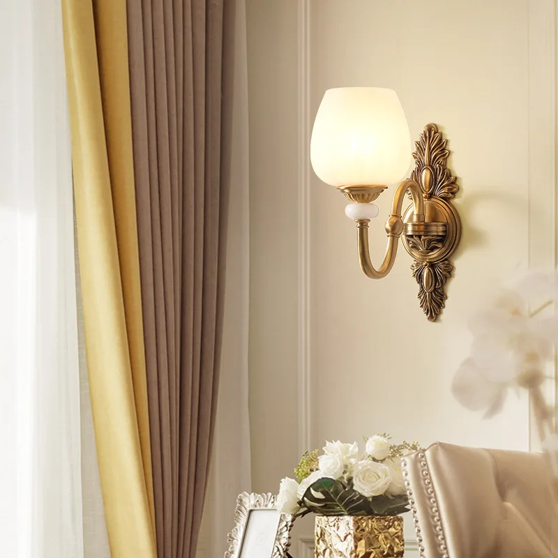 

2026 European Style Wall Lamp Living Room French Retro High-end Wall Lamp American Staircase Bedroom Bedside All-copper Jade Wal