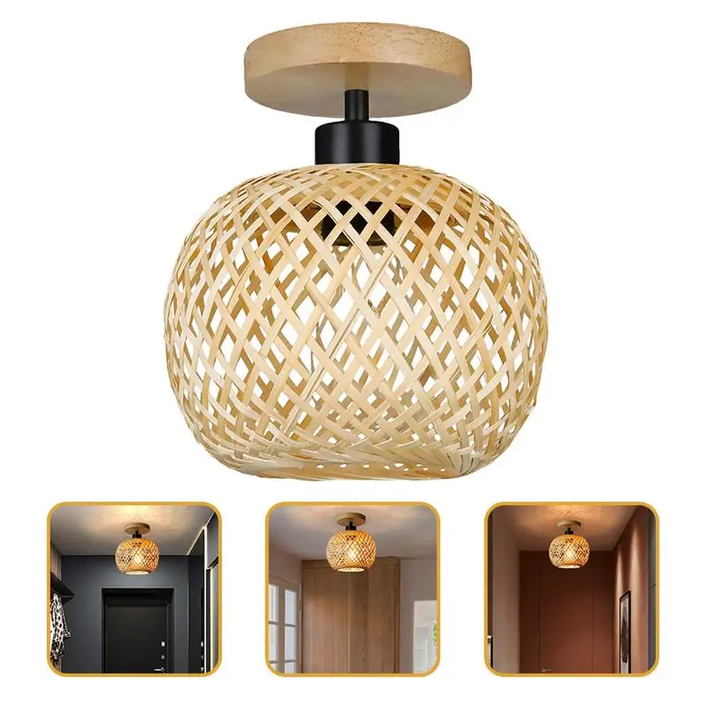 Home Bamboo Light Ceiling Fixture Bamboo Hand-Woven Light Fixture Retro Rustic Ceiling Lamp Natural Rattan E27 Chandeliers