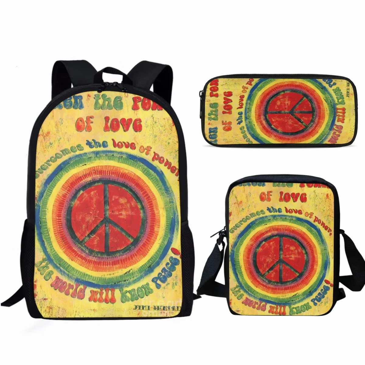 Patrón de paz y amor 3 unids/set bolso escolar para estudiantes con bolsa de almuerzo bolsa de lápices adolescente niñas niños mochila informal de viaje diario