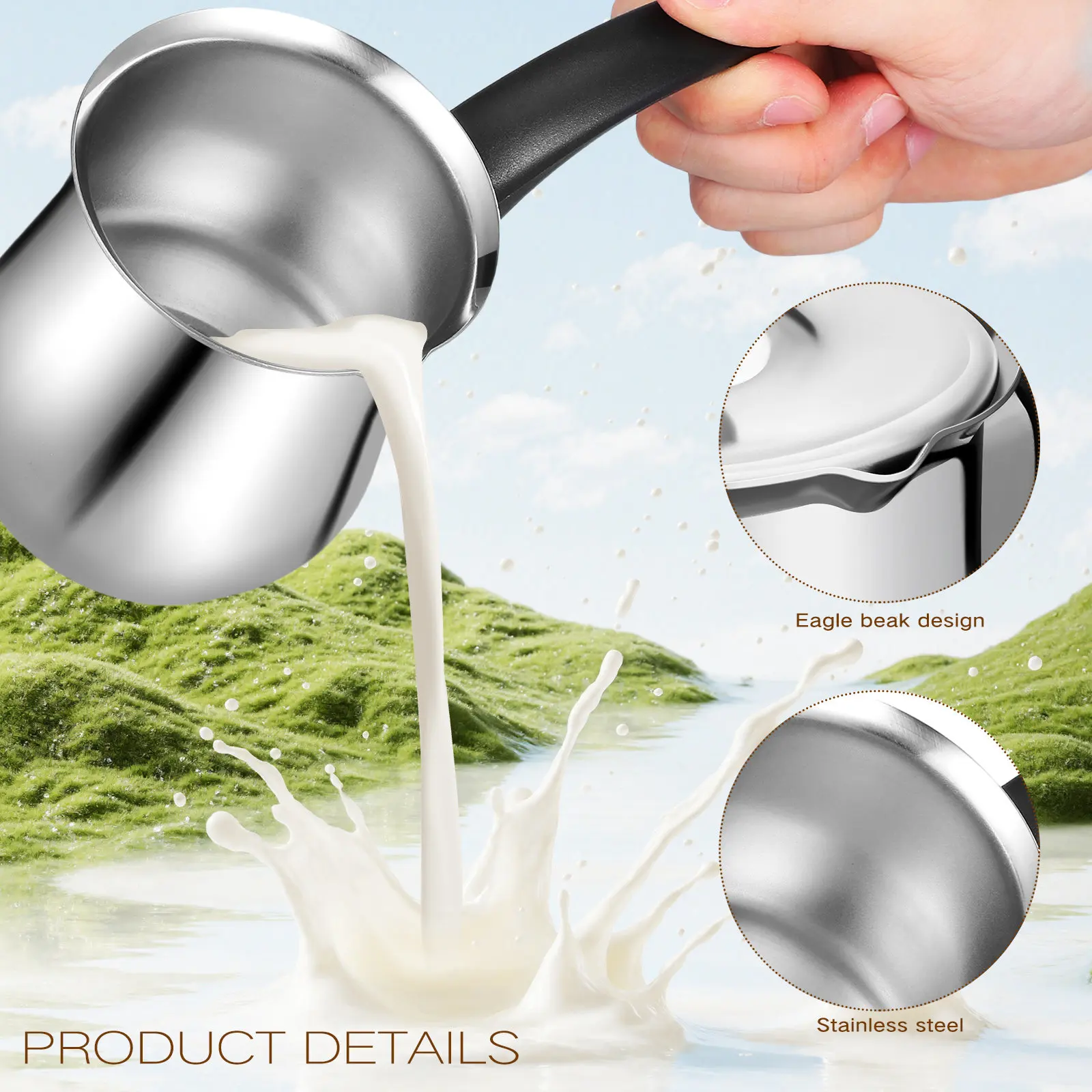Stainless Steel Turkish Coffee Pot 360Ml Long Handle Lid Milk Warmer Pot Tea Brewing Small Sauce Pan Stovetop Induction Coffee