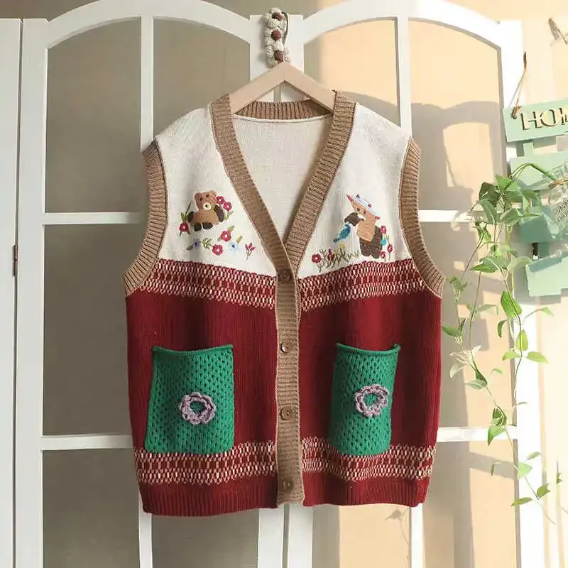 Kimotimo Vintage Colorblock Bear Embroidery Flower Knit Vest Women Korean Sweet Outwear Single Breasted Cardigan Sweater Coat