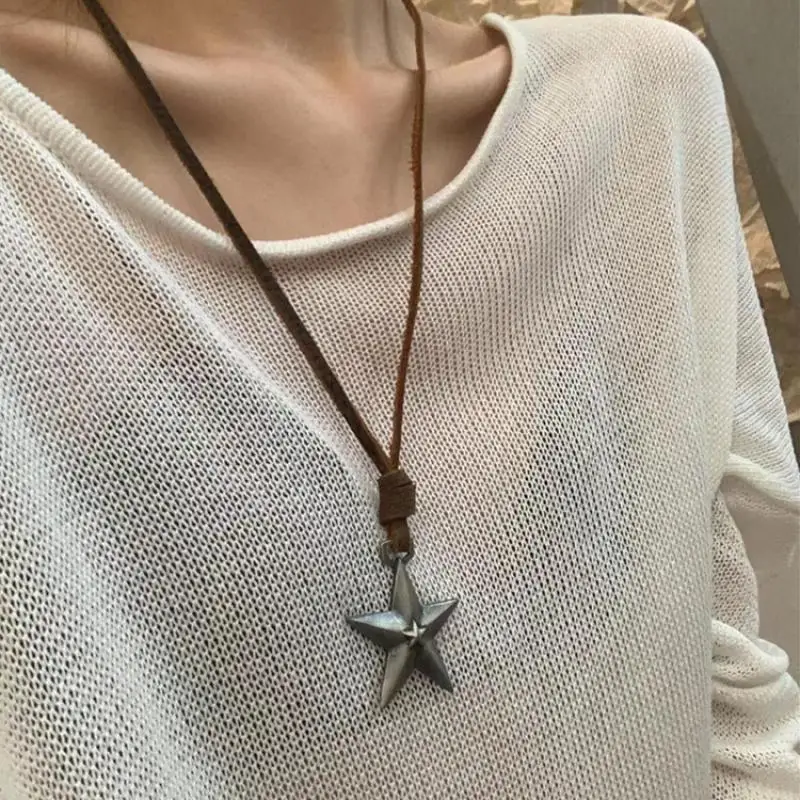 Trendy Vintage Pentagram Star Pendant Necklace Unisex Punk Leather Rope Adjustable Necklace Party Jewelry Accessories