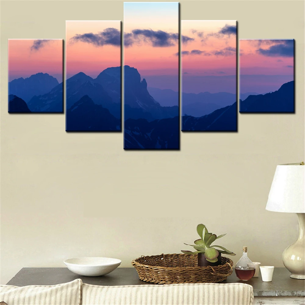 

5 Pieces Canvas Wall Arts Poster Painting Nature Sunset Alps Mountains Wallpaper Home Decor Picture Printing For Living Room Art