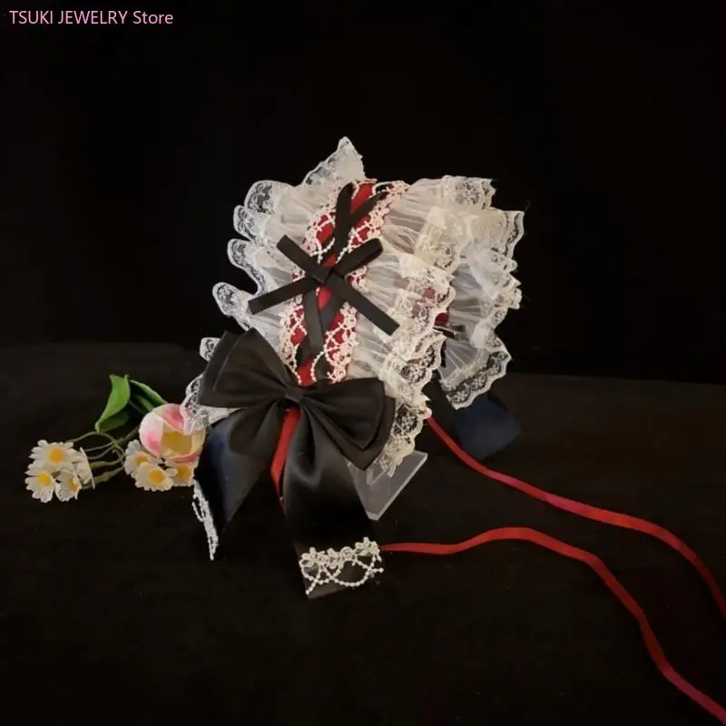 62KE Stijlvolle Lolita-hoofdband Gegolfd kant en strik Hoofddeksels Verstelbare haarbandaccessoire voor en feestkleding