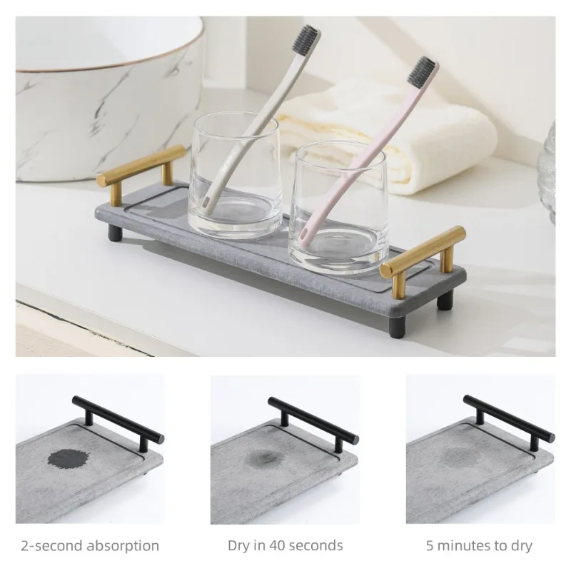 Absorbent Diatomite Bathroom Kitchen Counter Storage Sink Ball Jar Quick Drying Stone Diatomite Tray with Handle