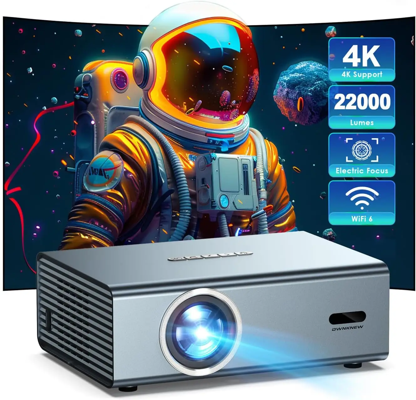 

Проектор 4K WiFi6 Bluetooth с автоматической коррекцией трапецеидальных искажений и электрической фокусировкой для просмотра фильмов и игр на открытом воздухе