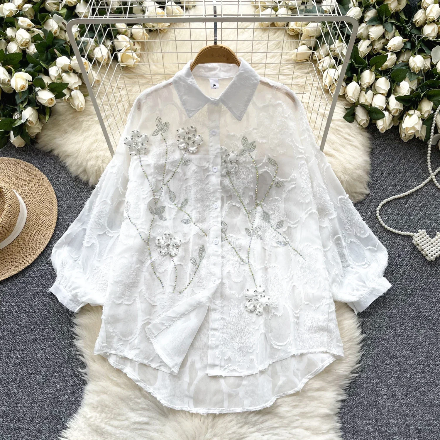 

Vintage Turn-down Collar Embroidered Chic Rhinestone Three-dimensional Floral Top Women Streetwear High Street Autumn Blouse