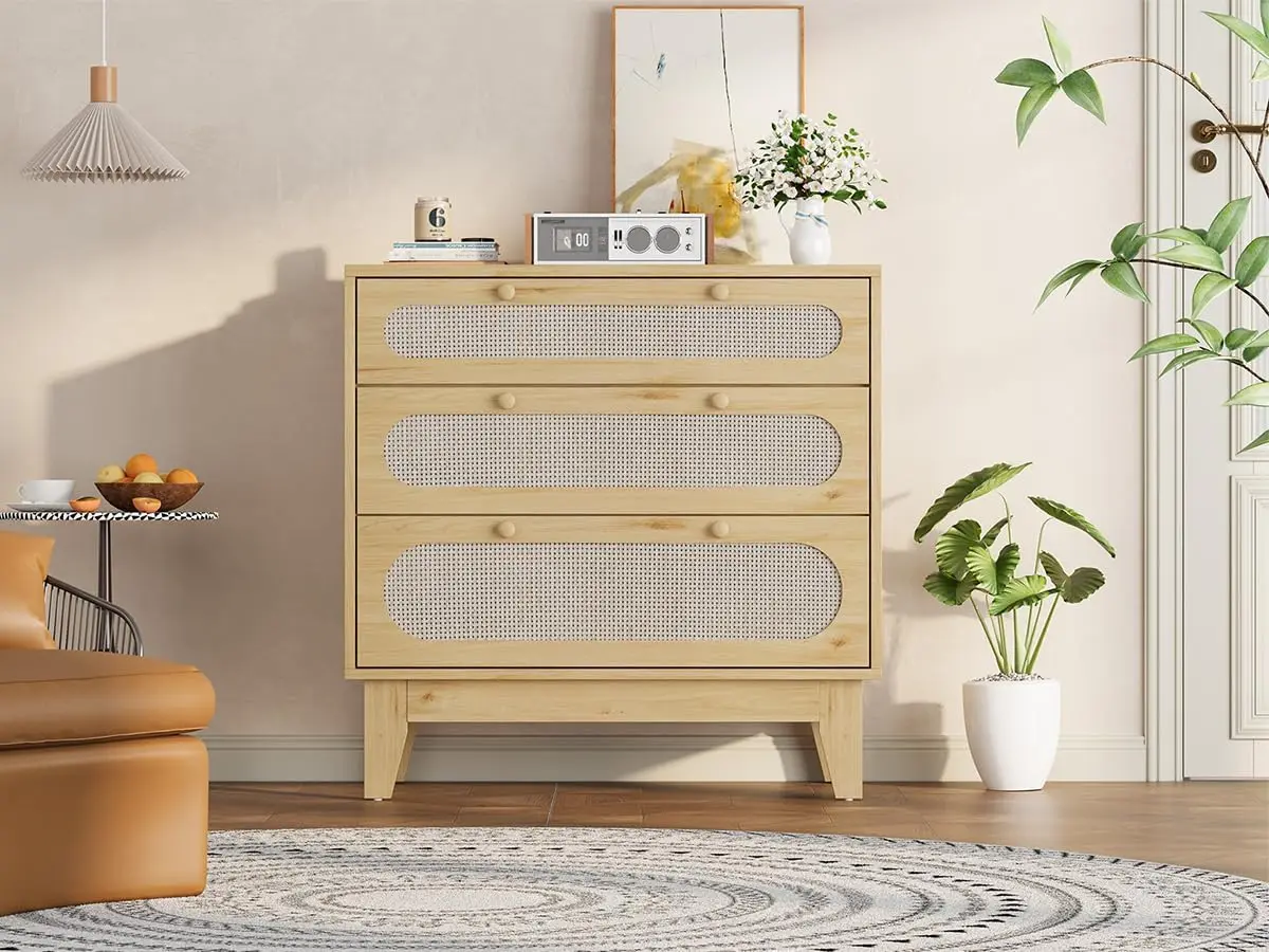 Rattan 3 Large Storage Drawer Dresser for Bedroom,Natural Modern Closet Dresser with Wooden, Anti-Tip Kits,Rattan Storage Cabine