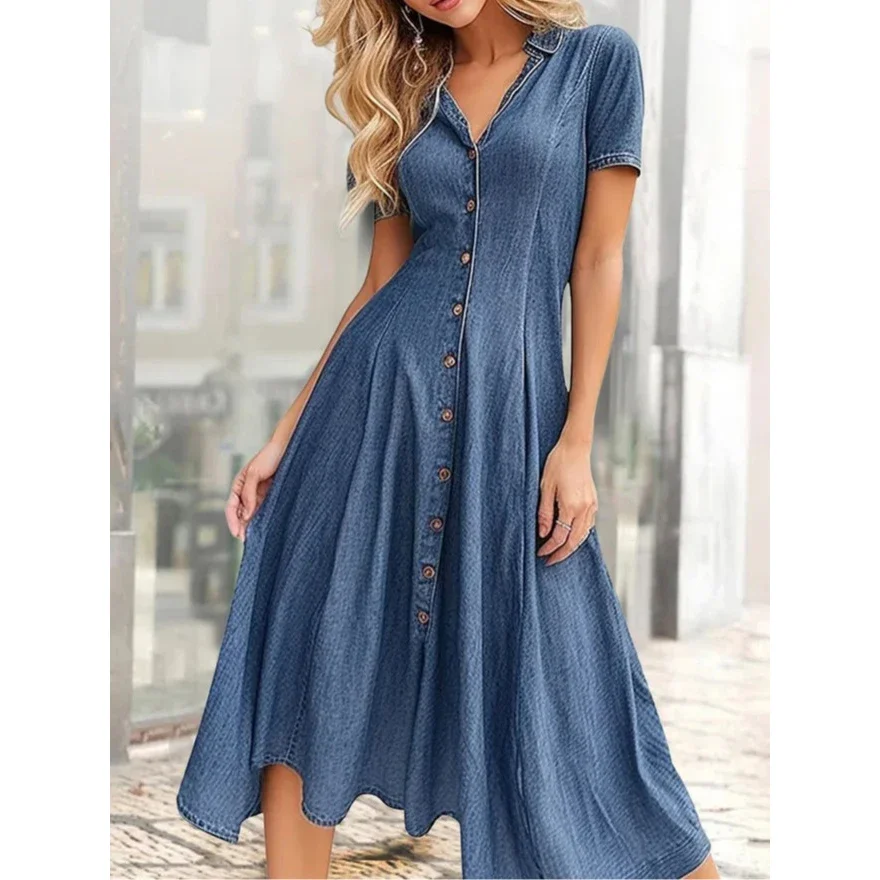 

Summer New Solid Color Women Casual Loose Denim Short Sleeved Long Slit Shirt Dresses Shoulder Sleeves Button Up Female Dress