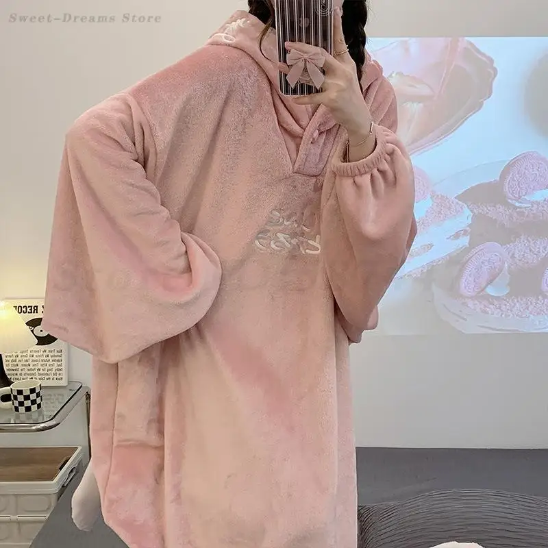 Oversize Loose Nightgown Hooded Nightdress Bathrobe Gown Women Thicken Coral Fleece Sleepwear Winter Homeclothes Cute Loungewear