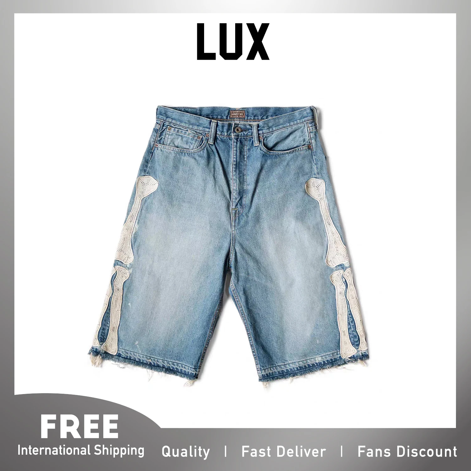 

Lux New Trendy Street Y2k Hip Pop Style Vintage Washed Jeans for Women Men Wide Leg Pants Casual Shorts Bone Embroidery Demin