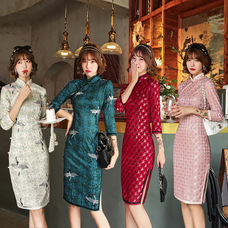 New Summer and Spring Improved Cheongsam Half Sleeve Short Style Lace Retro Slim-Fit Pattern Dress Chinese