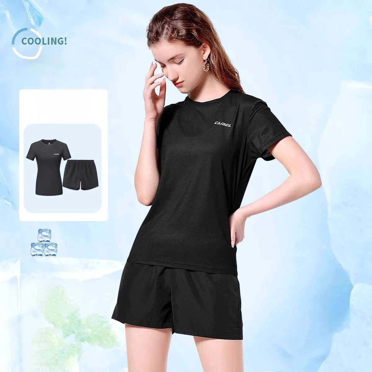 

Спортивный костюм CAMEL, женские шорты с коротким рукавом, комплект из 2 предметов, футболка для фитнеса, женская одежда, спортивная одежда для бега, женская