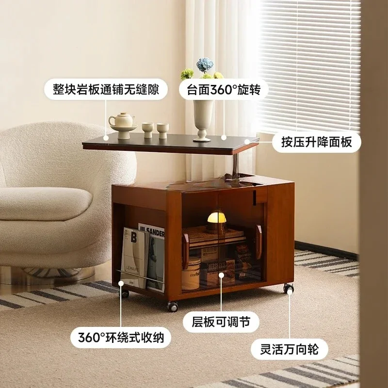 A Retro movable lift cart solid wood tea cabinet side few bedside office side cabinet