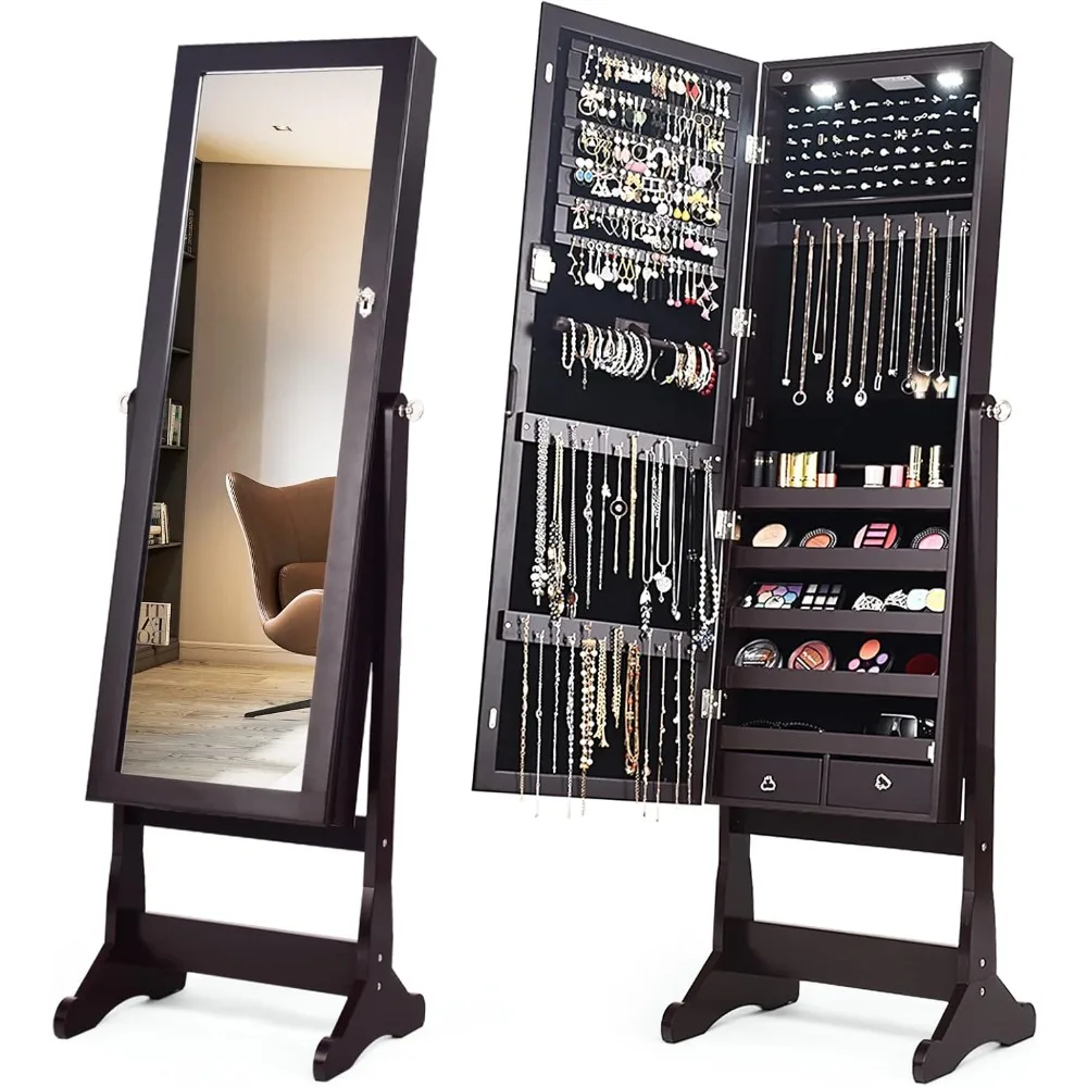 

Standing Mirror Jewelry Cabinet, Large Storage Jewelry Organizer w/Full Length Mirror, 4 Adjustable Angles & 2 LED Light