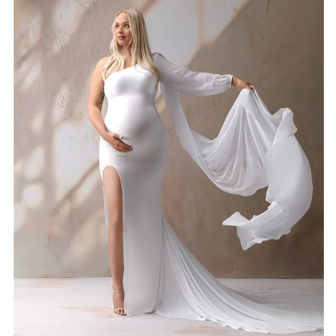 

White Prom Dresses One Shoulder Wrap Maternity Photoshoot Dress Customized Side Slit vestido de novia Photography Props