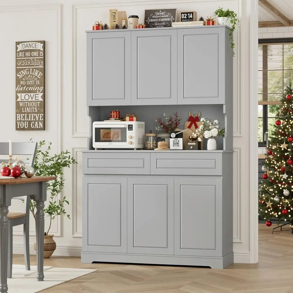 

68 Tall Kitchen Pantry Cabinet with 6 Doors & 2 Drawers, Grey, Adjustable Shelves & Charging Ports