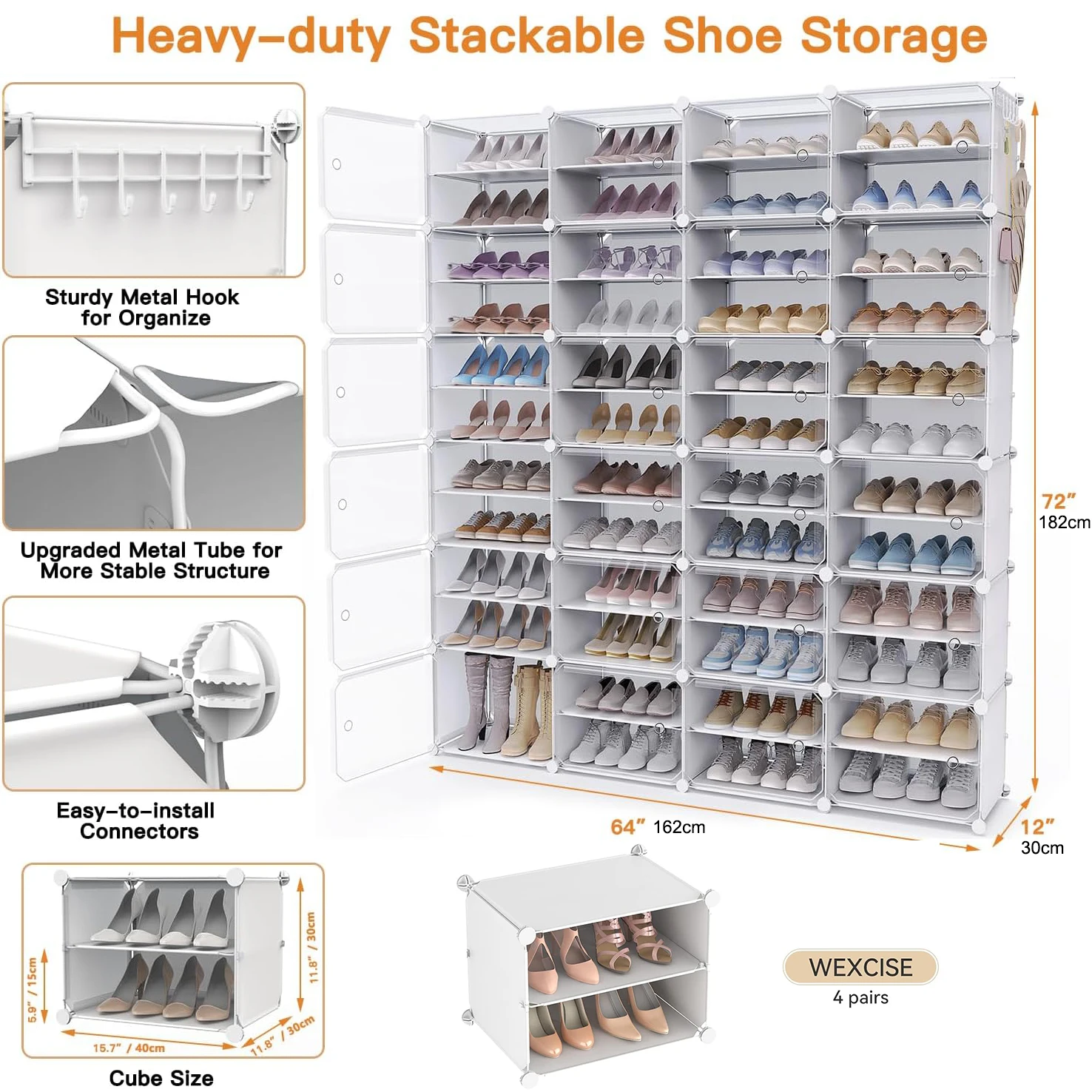 Portable Shoe Rack Organizer with Door, 96 Pairs Shoe Storage Cabinet Easy Assembly, Plastic, Adjustable, Stackable Detachable