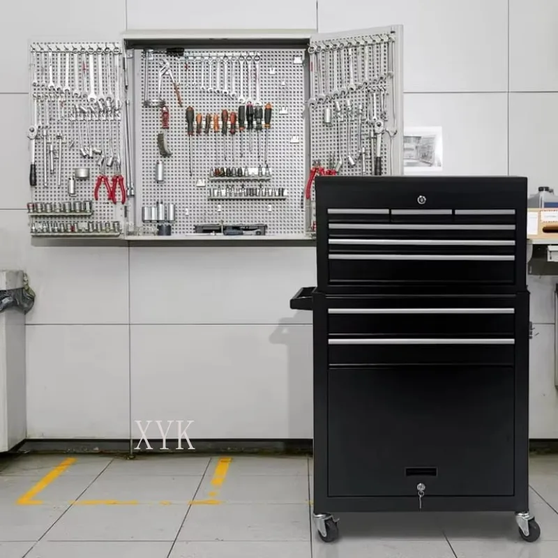 2 layer 8 Drawers Tool Box Roller Cabinet Black Rolling Tool Cart with Lockable Drawers for Workshop Garage Tool Storage Package